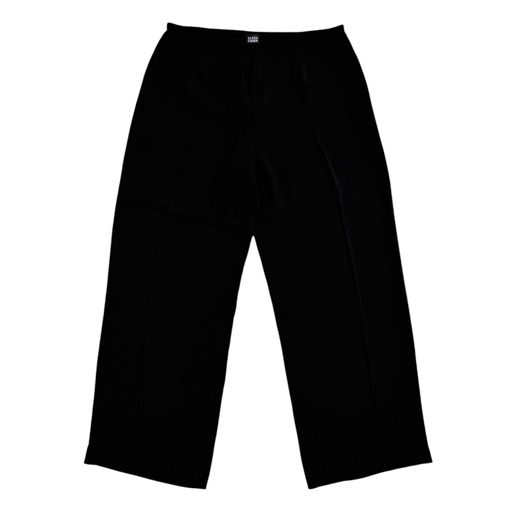 Eileen Fisher Black Silk Blend Wide Leg Trousers Size L Front Zip Mid Rise Pants